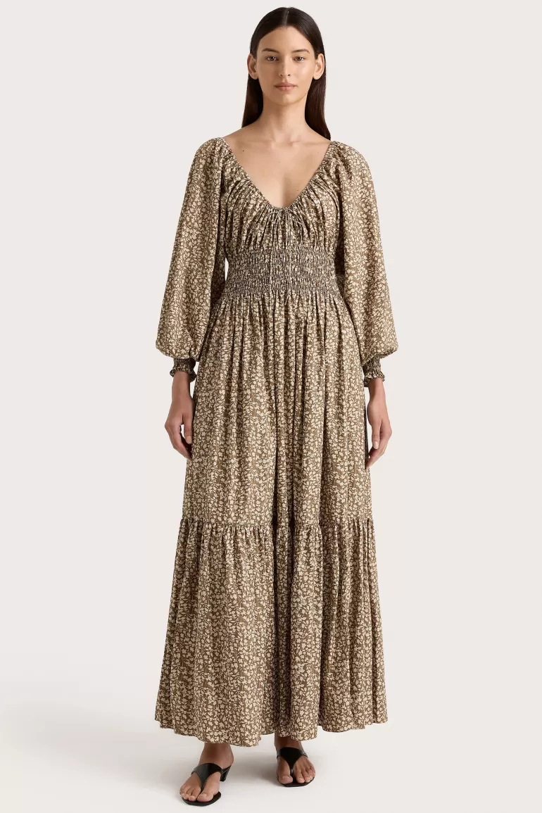 New Faithfull the Brand Fleur Maxi Dress Micro Leaves Walnut