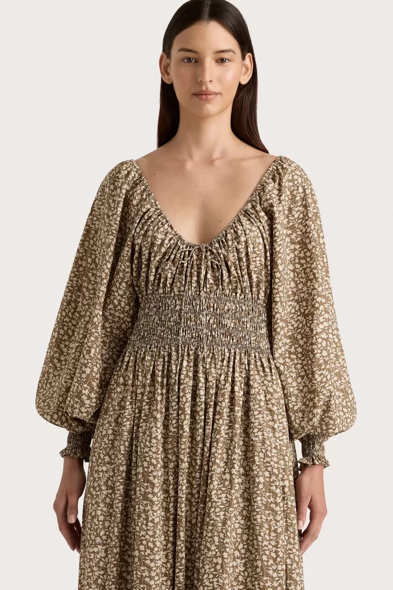 New Faithfull the Brand Fleur Maxi Dress Micro Leaves Walnut