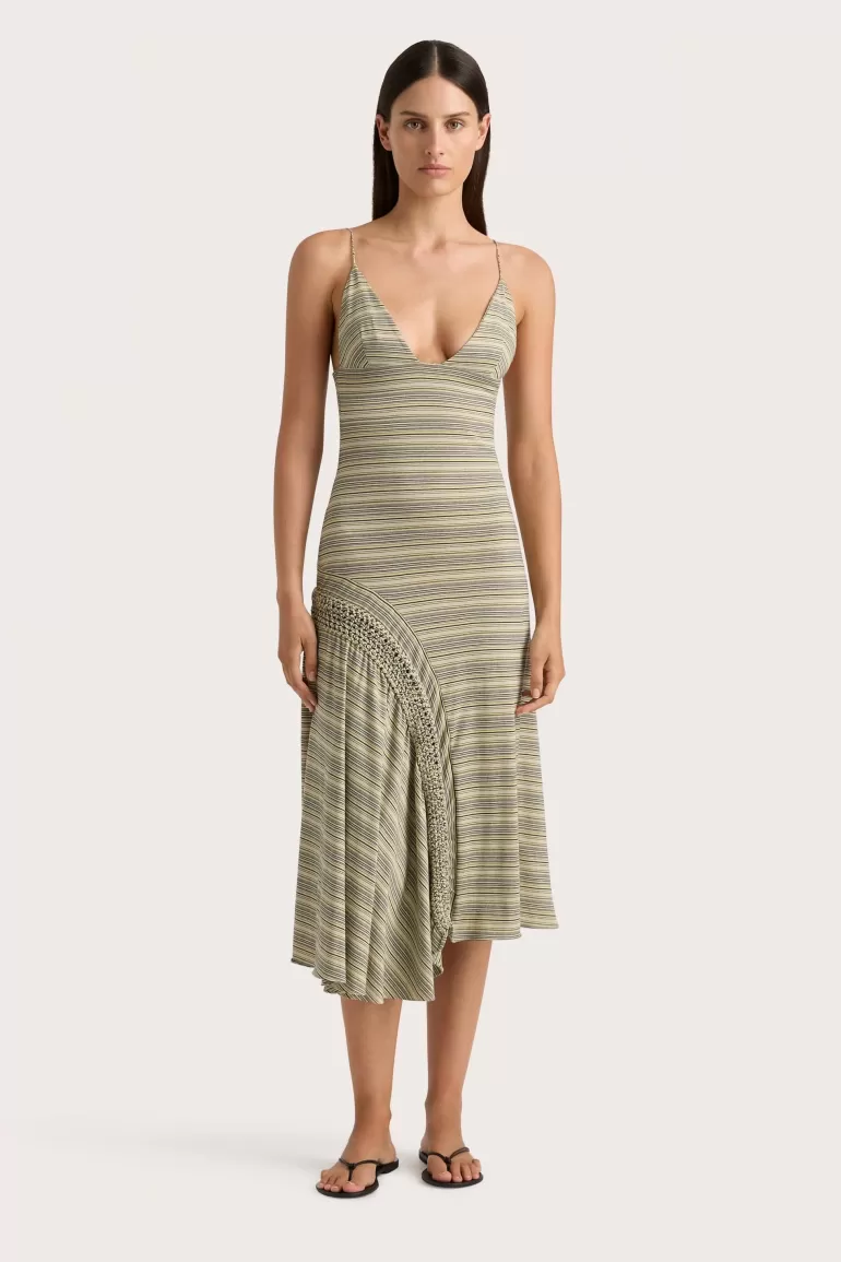 New Faithfull the Brand Hyeres Midi Dress Lemon Navy Stripe